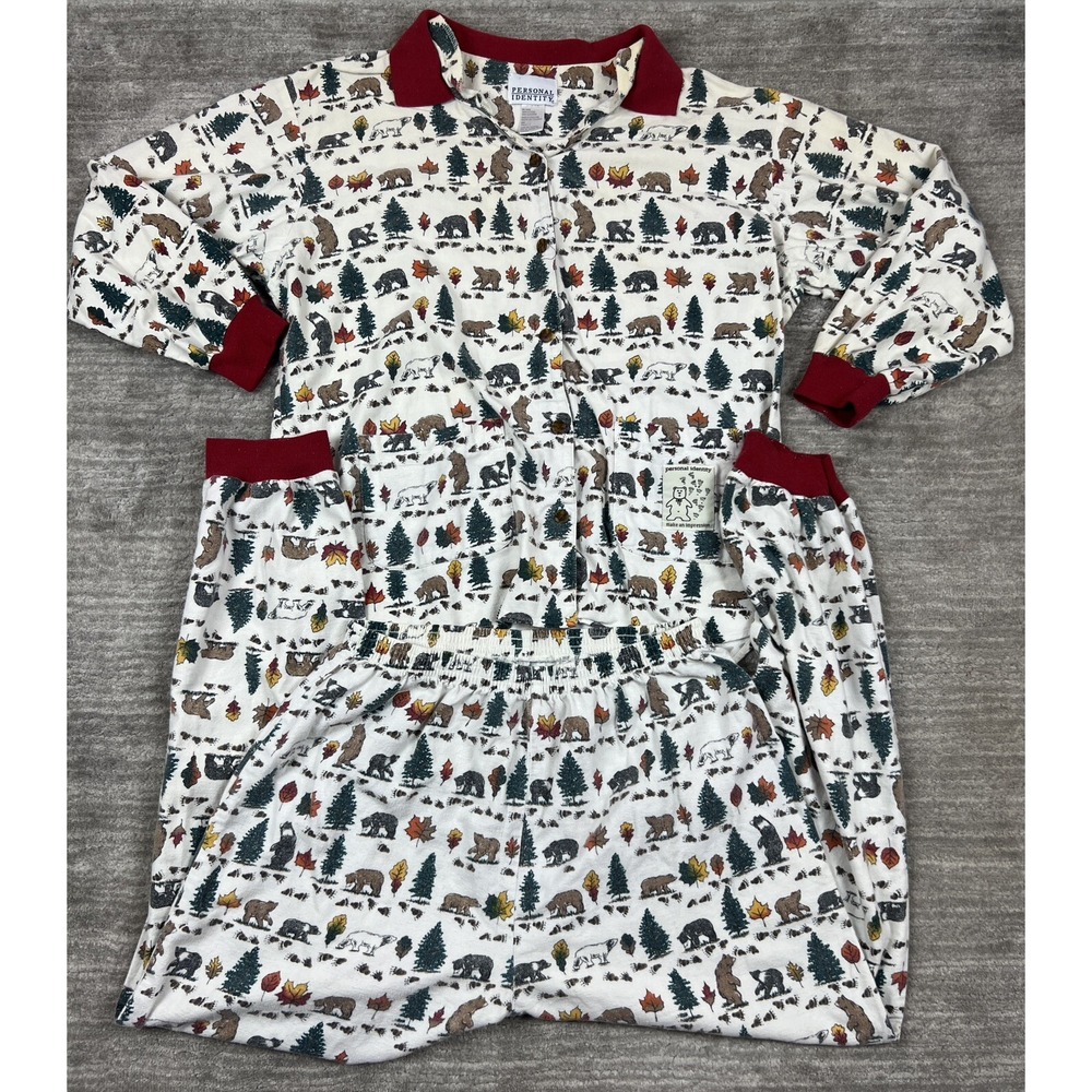 Personal Identity Pajama Set Mens L White Bear Nature Print Button Up Joggers